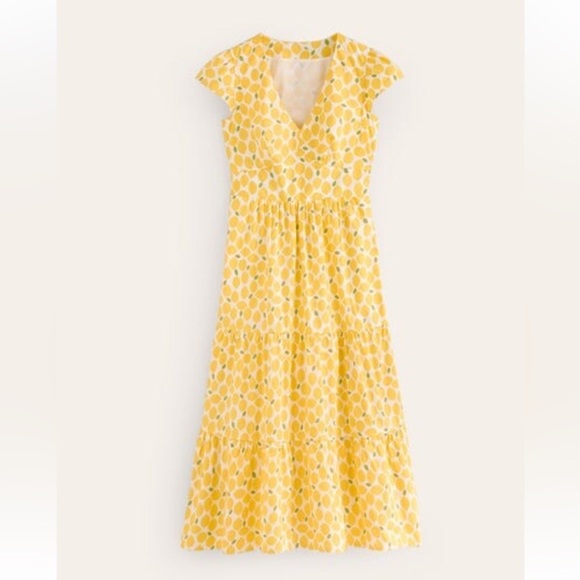 Boden Dresses & Skirts - Boden May Cotton Midi Tea Dress Yellow Lemon Print Size 12R Vneck Cap Sleeve